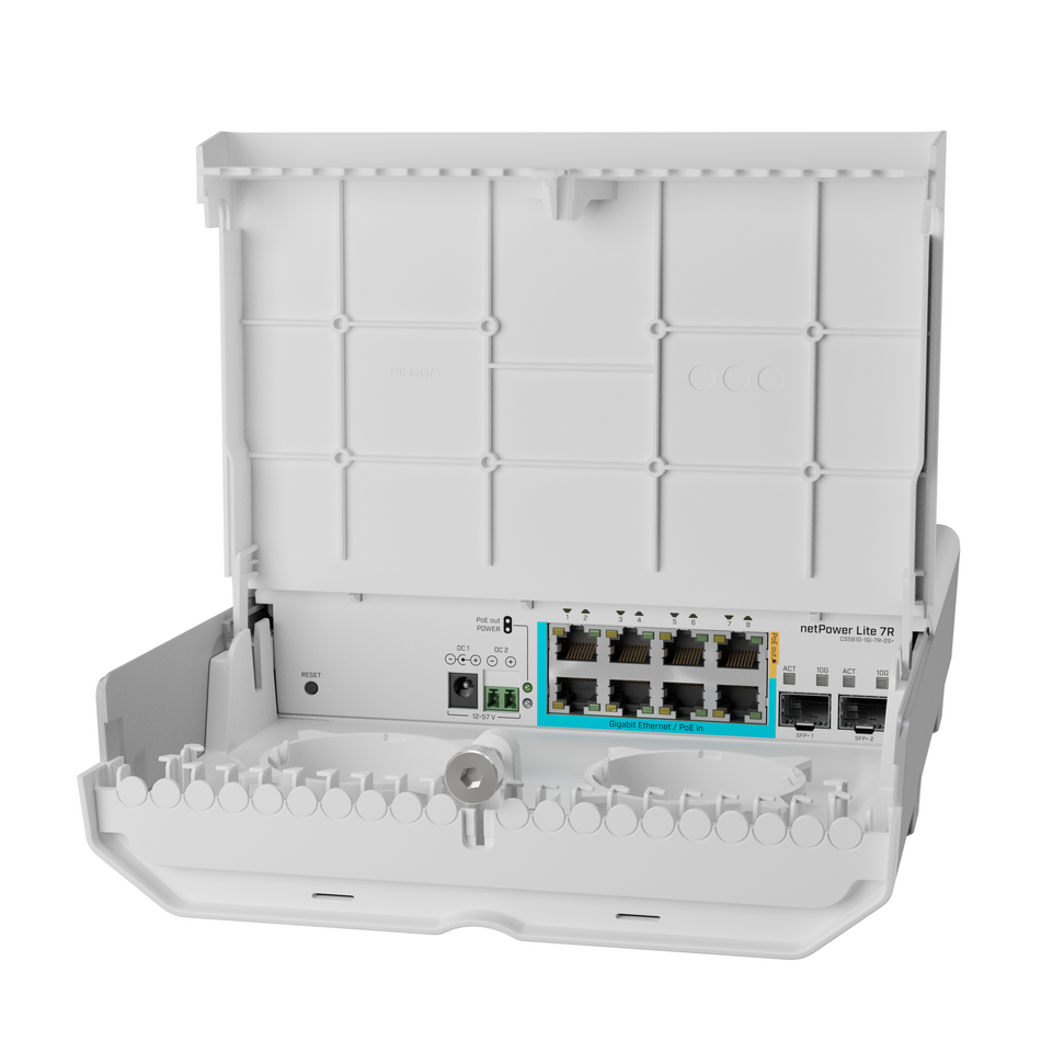 MikroTik netPower Lite 7R Outdoor Reverse PoE Switch with 2x 10G SFP+ [CSS610-1Gi-7R-2S+OUT]